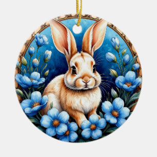 Adorno De Cerámica Conejo rodeado de flores azules