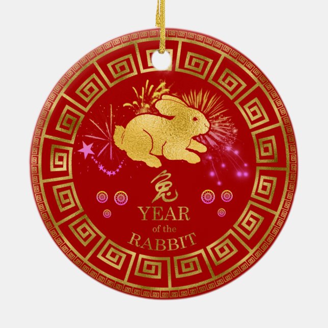 Adorno De Cerámica Conejo zodiaco chino rojo/dorado ID542 (Atrás)