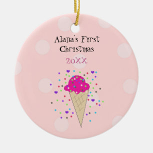 Adorno De Cerámica Cono de Helado Rosa Primer Navidad del Bebé