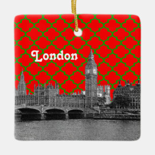 Adorno De Cerámica Contorno de Londres Grabado, Cuatrefoil Verde Rojo