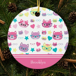 Adorno De Cerámica Cool Pastel Cats w Glasses Pattern, Pink Christmas