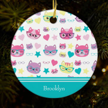 Cool Pastel Cats w Glasses Pattern, Teal Christmas