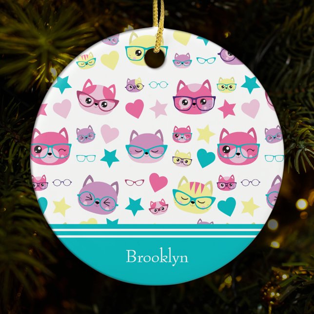 Adorno De Cerámica Cool Pastel Cats w Glasses Pattern, Teal Christmas (Subido por el creador)