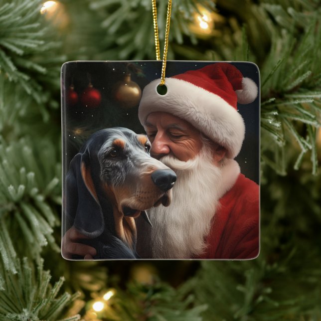 Adorno De Cerámica Coonhound Bluetick Con Navidades De Santa Claus (Árbol)