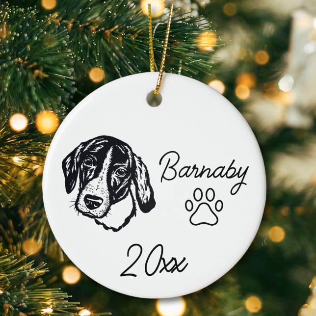 Adorno De Cerámica Coonhound Dog Custom Name & Year Line Art (Coonhound Dog Custom Name and Year Ornament with Paw Print. Black and White Line Art Modern)
