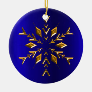 Adorno De Cerámica Copo de nieve dorado sobre Navidades azules