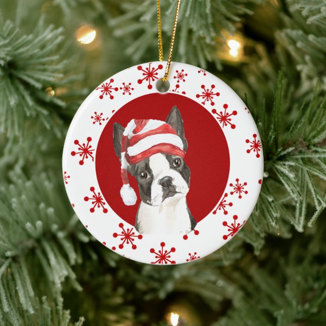 Adorno De Cerámica Copo de nieve rojo Boston Terrier Santa Hat (Árbol)