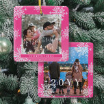 Adorno De Cerámica Copos de nieve 2 fotos familiares blanco rosado pe<br><div class="desc">Rústica y elegante plantilla de adorno de árbol de sake de la familia,  rosa y blanco,  con brillantes copos de nieve.                     Fácil de personalizar con sus 2 fotos,  guión de texto,  nombre de familia y año!</div>