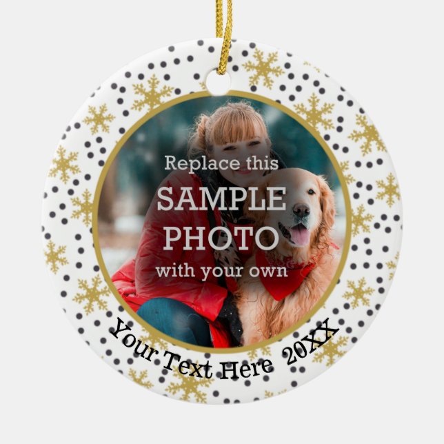 Adorno De Cerámica Copos de nieve dorados, dos fotos, dos lados (Frente)