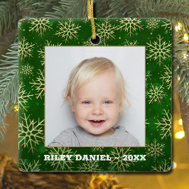 Adorno De Cerámica Copos de nieve en foto verde