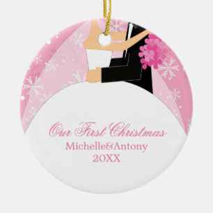 Adorno De Cerámica Copos de nieve rosados "Nuestra primera Navidad"