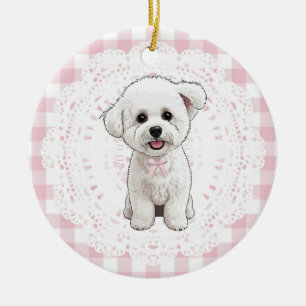 Adorno De Cerámica Coqueta Perro Bichon Frise Lazos de Cuadros Rosado