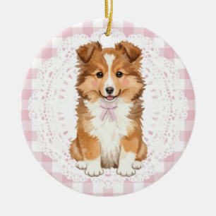 Adorno De Cerámica Coqueta perro Shetland Sheepdog Lazos de gingham r