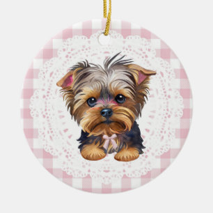 Adorno De Cerámica Coqueta Perro Yorkshire Terrier Lazos de Gingham R
