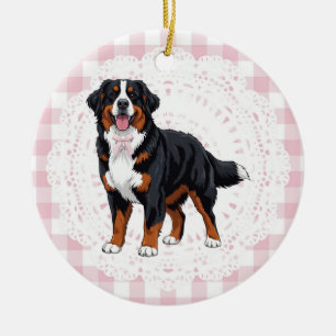 Adorno De Cerámica Coquette Bernese Mountain Dog Lazos de Cuadros Ros