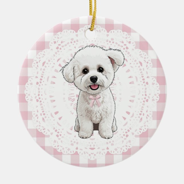 Adorno De Cerámica Coquette Bichon Frise Dog Pink Gingham Bows (Frente)