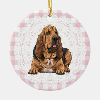 Adorno De Cerámica Coquette Bloodhound Dog Pink Gingham Bows