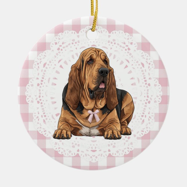 Adorno De Cerámica Coquette Bloodhound Dog Pink Gingham Bows (Frente)