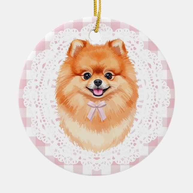 Adorno De Cerámica Coquette Brown Pomeranian Dog Pink Gingham Bows (Frente)