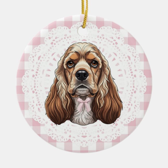 Adorno De Cerámica Coquette Cocker Spaniel Dog Pink Gingham Bows (Frente)