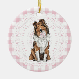 Adorno De Cerámica Coquette Collie Dog Pink Gingham Bows