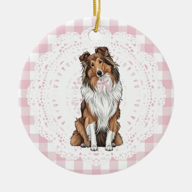 Adorno De Cerámica Coquette Collie Dog Pink Gingham Bows (Frente)