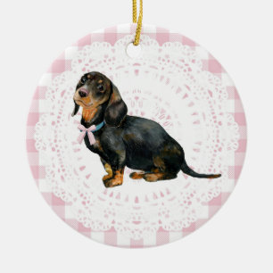 Adorno De Cerámica Coquette Dachshund Perro Lazos de Cuadro Rosa