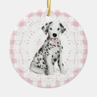 Adorno De Cerámica Coquette Dalmation Dog Pink Gingham Bows