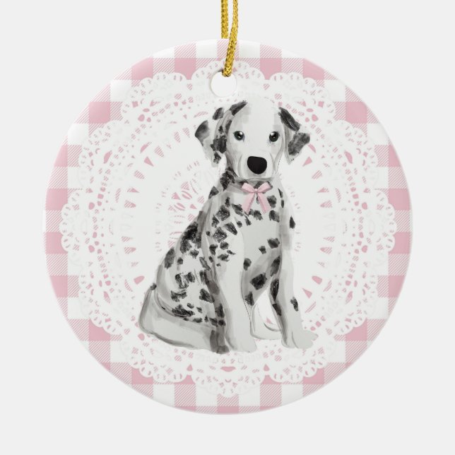 Adorno De Cerámica Coquette Dalmation Dog Pink Gingham Bows (Frente)