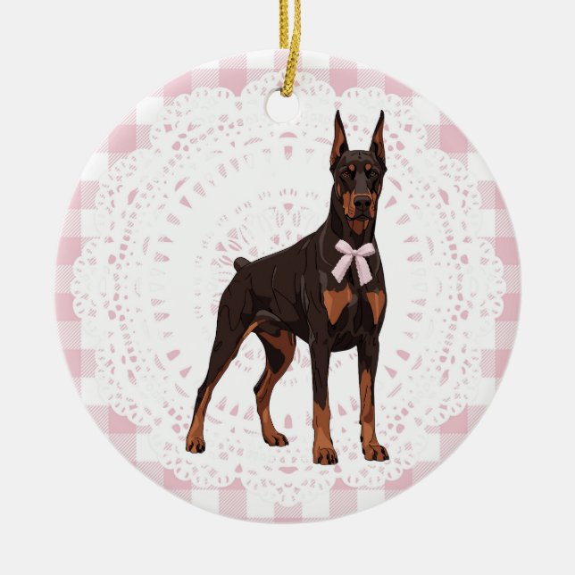 Adorno De Cerámica Coquette Doberman Pinscher Pink Gingham Bows (Frente)