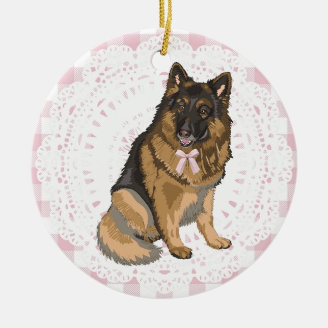 Adorno De Cerámica Coquette German Shepherd Dog Pink Gingham Bows (Frente)