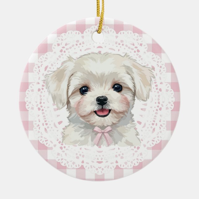 Adorno De Cerámica Coquette Maltese Dog Pink Gingham Bows (Frente)