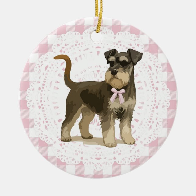 Adorno De Cerámica Coquette Miniature Schnauzer Dog Pink Gingham Bows (Frente)