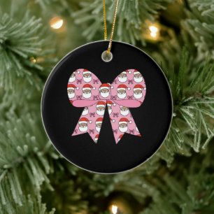 Adorno De Cerámica Coquette Navidad Lazo Rosa Santa Antiguo Retro 