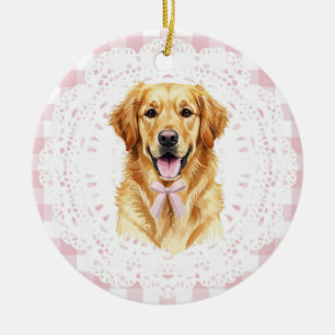 Adorno De Cerámica Coquette Perro Golden Retriever Lazos de Gingham R