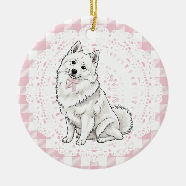 Adorno De Cerámica Coquette Pomeranian Dog Pink Gingham Bows (Frente)