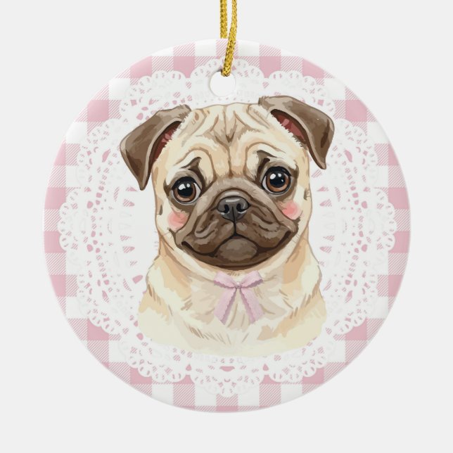 Adorno De Cerámica Coquette Pug Dog Pink Gingham Bows (Frente)