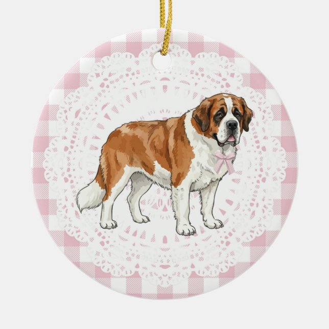 Adorno De Cerámica Coquette Saint Bernard Dog Pink Gingham Bows (Frente)