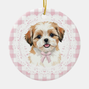 Adorno De Cerámica Coquette Shih Tzu Perro Lazos de Gingham Rosa