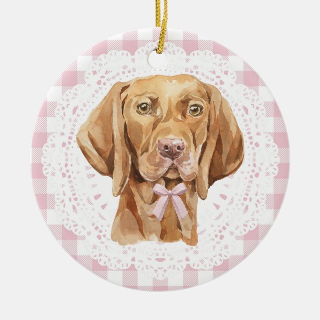 Adorno De Cerámica Coquette Vizsla Dog Pink Gingham Bows (Frente)