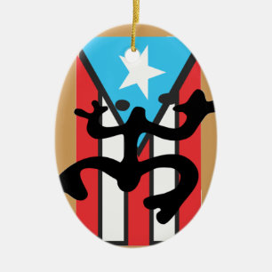 Adorno De Cerámica Coqui taíno sobre bandera de Puerto Rico