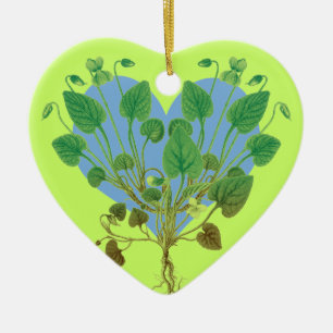 Adorno De Cerámica Corazón Azul Hojas Verdes