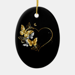 Adorno De Cerámica Corazón con mariposas doradas