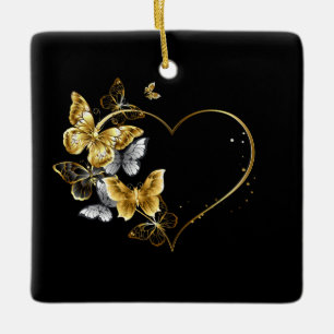 Adorno De Cerámica Corazón con mariposas doradas
