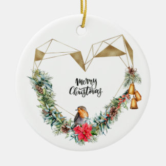 Adorno De Cerámica Corazón con Wreath y Robin