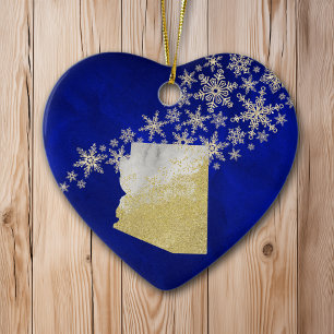 Adorno De Cerámica Corazón de Arizona con copo de nieve de oro azul