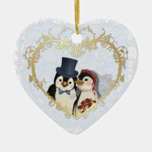 Adorno De Cerámica Corazón de Boda de pingüino - texto posterior de P