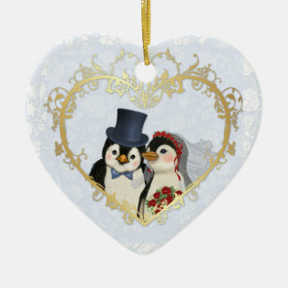 Adorno De Cerámica Corazón de Boda de pingüino - texto posterior de P