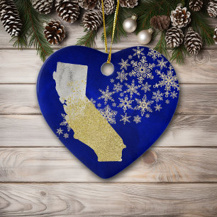 Adorno De Cerámica Corazón de California, copo de nieve de oro azul