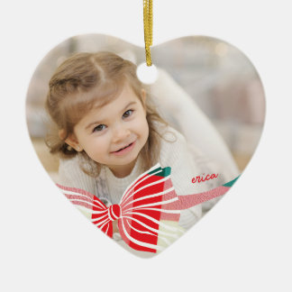 Adorno De Cerámica Corazón de Navidad con lazo de cuadros Foto anual